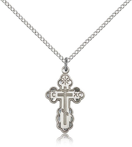 St. Olga Cross Pendant, Sterling Silver - 18&quot; 1.2mm Sterling Silver Chain + Clasp