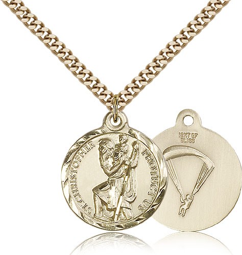 St. Christopher Paratrooper Medal, Gold Filled - 24&quot; 2.4mm Gold Plated Endless Chain