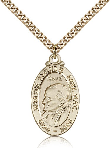 Pope John Paul II Medal, Gold Filled - 24&quot; 2.4mm Gold Plated Endless Chain