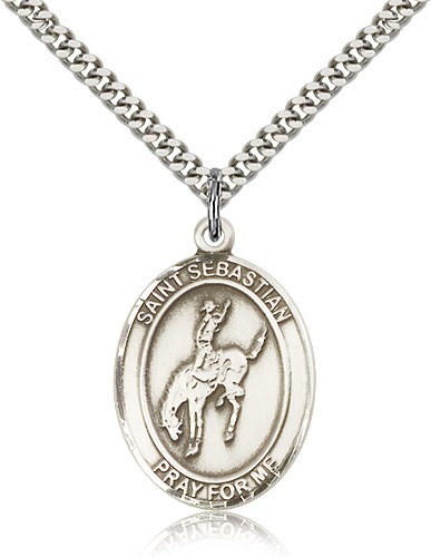 St. Sebastian Rodeo Medal, Sterling Silver, Large - 24&quot; 2.4mm Rhodium Plate Chain + Clasp
