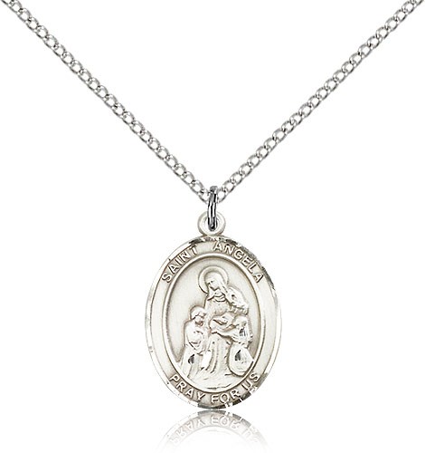 St. Angela Merici Medal, Sterling Silver, Medium - 18&quot; 1.2mm Sterling Silver Chain + Clasp