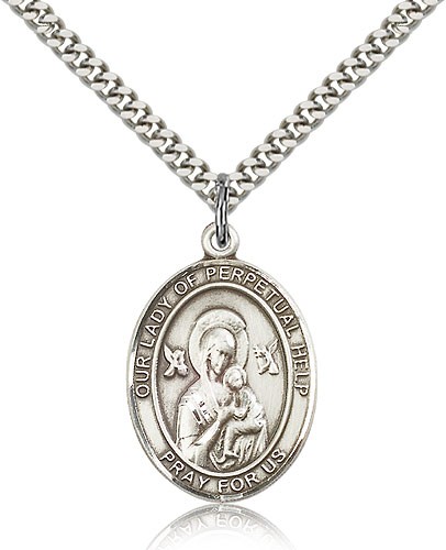 Our Lady of Perpetual Help Medal, Sterling Silver, Large - 24&quot; 2.4mm Rhodium Plate Endless Chain