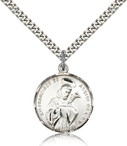 St. Francis of Assisi Medal, Sterling Silver - 24&quot; 2.4mm Rhodium Plate Endless Chain