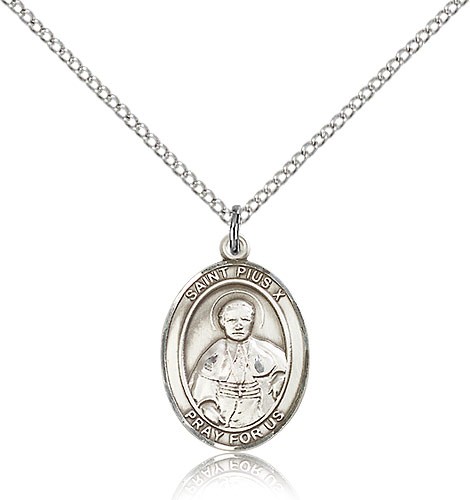 St. Pius X Medal, Sterling Silver, Medium - 18&quot; 1.2mm Sterling Silver Chain + Clasp