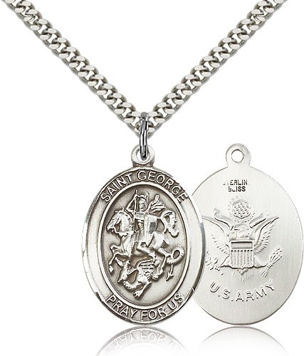 St. George Army Medal, Sterling Silver, Large - 24&quot; 2.4mm Rhodium Plate Chain + Clasp