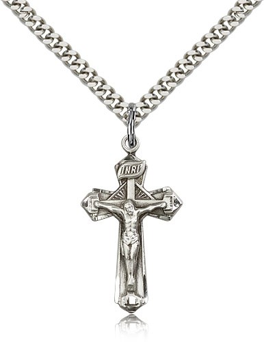 Crucifix Pendant, Sterling Silver - 24&quot; 2.4mm Rhodium Plate Endless Chain