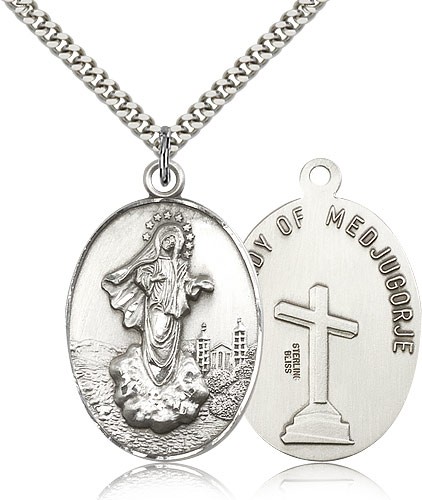 Our Lady of Medugorje Medal, Sterling Silver - 24&quot; 2.4mm Rhodium Plate Endless Chain