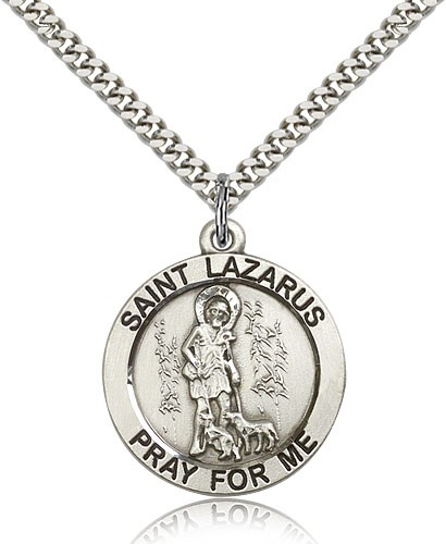 St. Lazarus Medal, Sterling Silver - 24&quot; 2.4mm Rhodium Plate Endless Chain