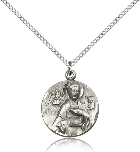 St. John the Evangelist Medal, Sterling Silver - 18&quot; 1.2mm Sterling Silver Chain + Clasp