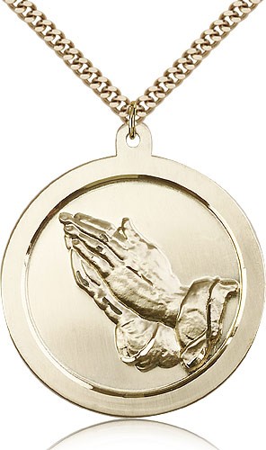 Praying Hand Medal, Gold Filled - 24&quot; 2.4mm Gold Plated Endless Chain