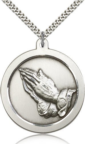 Praying Hand Medal, Sterling Silver - 24&quot; 2.4mm Rhodium Plate Endless Chain