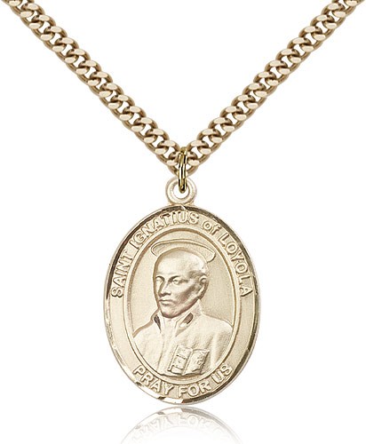 St. Ignatius of Loyola Medal, Gold Filled, Large - 24&quot; 2.4mm Gold Plated Chain + Clasp