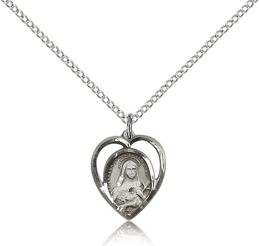 St. Theresa Medal, Sterling Silver - 18&quot; 1.2mm Sterling Silver Chain + Clasp