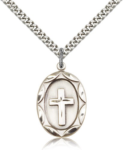 Cross Pendant, Sterling Silver - 24&quot; 2.4mm Rhodium Plate Endless Chain