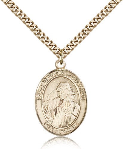 St. Finnian of Clonard Medal, Gold Filled, Large - 24&quot; 2.4mm Gold Plated Chain + Clasp
