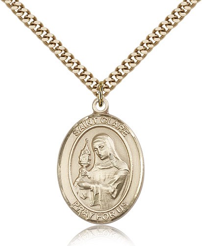 St. Clare of Assisi Medal, Gold Filled, Large - 24&quot; 2.4mm Gold Plated Chain + Clasp