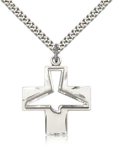 Holy Spirit Medal, Sterling Silver - 24&quot; 2.4mm Rhodium Plate Endless Chain