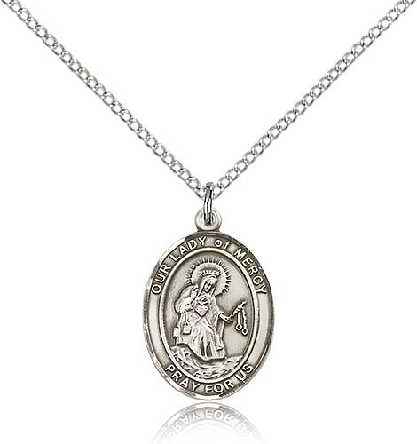 Our Lady of Mercy Medal, Sterling Silver, Medium - 18&quot; 1.2mm Sterling Silver Chain + Clasp
