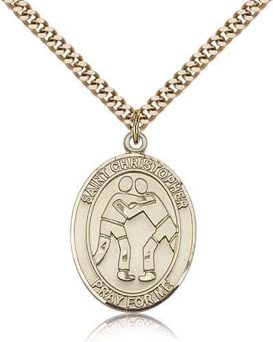 St. Christopher Wrestling Medal, Gold Filled, Large - 24&quot; 2.4mm Gold Plated Chain + Clasp