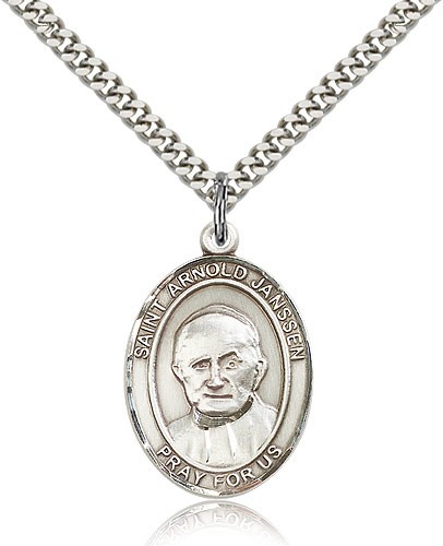 St. Arnold Janssen Medal, Sterling Silver, Large - 24&quot; 2.4mm Rhodium Plate Chain + Clasp
