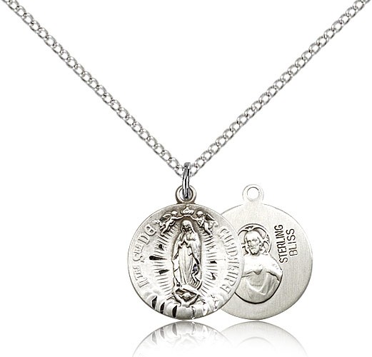 Our Lady of Guadalupe Medal, Sterling Silver - 18&quot; 1.2mm Sterling Silver Chain + Clasp