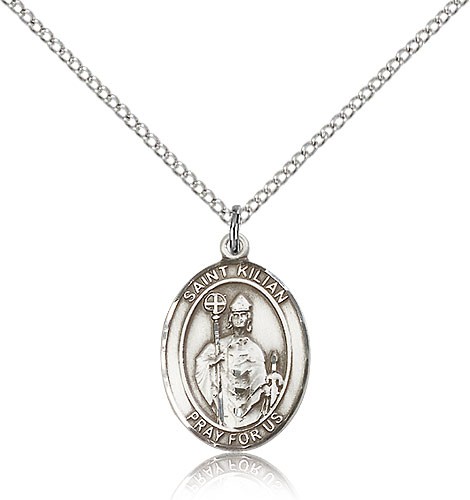 St. Kilian Medal, Sterling Silver, Medium - 18&quot; 1.2mm Sterling Silver Chain + Clasp