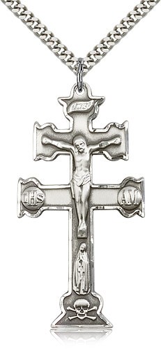 Caravaca Crucifix Pendant, Sterling Silver - 24&quot; 2.4mm Rhodium Plate Endless Chain