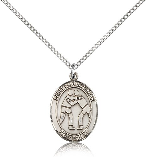St. Christopher Wrestling Medal, Sterling Silver, Medium - 18&quot; 1.2mm Sterling Silver Chain + Clasp