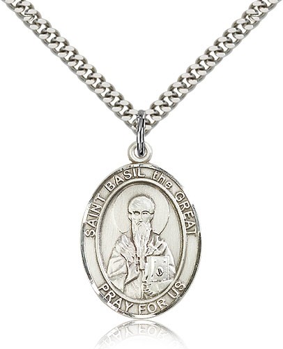 St. Basil the Great Medal, Sterling Silver, Large - 24&quot; 2.4mm Rhodium Plate Chain + Clasp