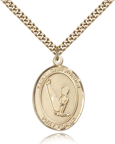 St. Christopher Gymnastics Medal, Gold Filled, Large - 24&quot; 2.4mm Gold Plated Chain + Clasp