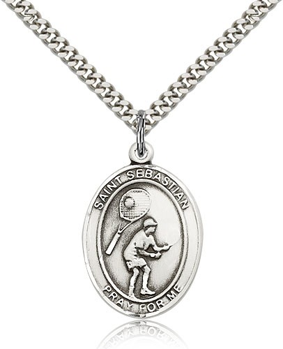 St. Sebastian Tennis Medal, Sterling Silver, Large - 24&quot; 2.4mm Rhodium Plate Chain + Clasp