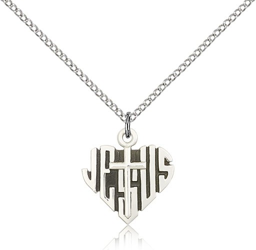 Heart of Jesus Cross Pendant, Sterling Silver - 18&quot; 1.2mm Sterling Silver Chain + Clasp