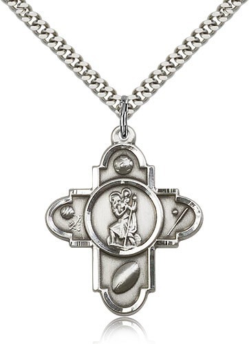 St. Christopher Sports 5-Way Medal with Hockey - 24&quot; 2.4mm Rhodium Plate Chain + Clasp