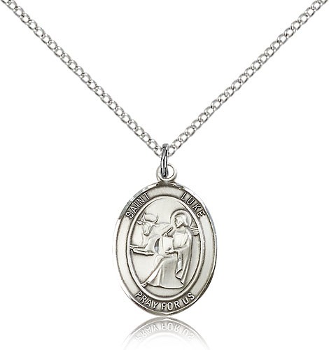 St. Luke the Apostle Medal, Sterling Silver, Medium - 18&quot; 1.2mm Sterling Silver Chain + Clasp