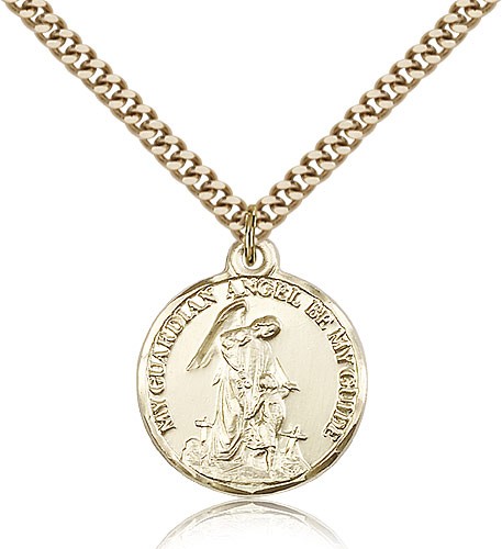 Guardian Angel Medal, Gold Filled - 24&quot; 2.4mm Gold Plated Endless Chain