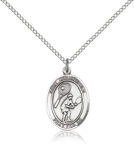St. Christopher Tennis Medal, Sterling Silver, Medium - 18&quot; 1.2mm Sterling Silver Chain + Clasp