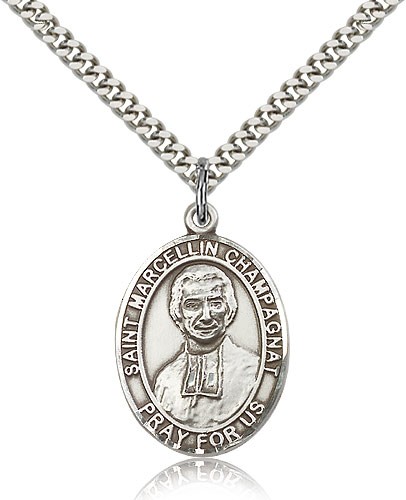 St. Marcellin Champagnat Medal, Sterling Silver, Large - 24&quot; 2.4mm Rhodium Plate Chain + Clasp