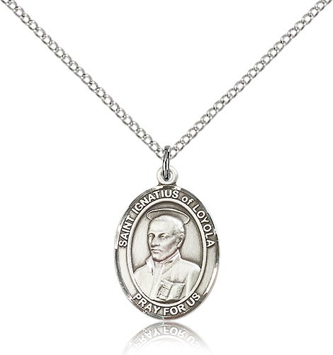 St. Ignatius of Loyola Medal, Sterling Silver, Medium - 18&quot; 1.2mm Sterling Silver Chain + Clasp
