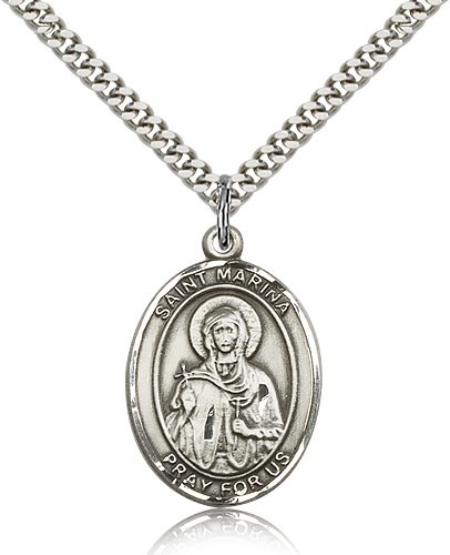 St. Marina Medal, Sterling Silver, Large - 24&quot; 2.4mm Rhodium Plate Chain + Clasp