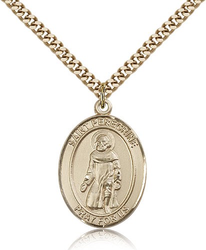 St. Peregrine Laziosi Medal, Gold Filled, Large - 24&quot; 2.4mm Gold Plated Chain + Clasp