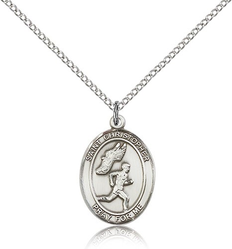 St. Christopher Track &amp; Field Medal, Sterling Silver, Medium - 18&quot; 1.2mm Sterling Silver Chain + Clasp
