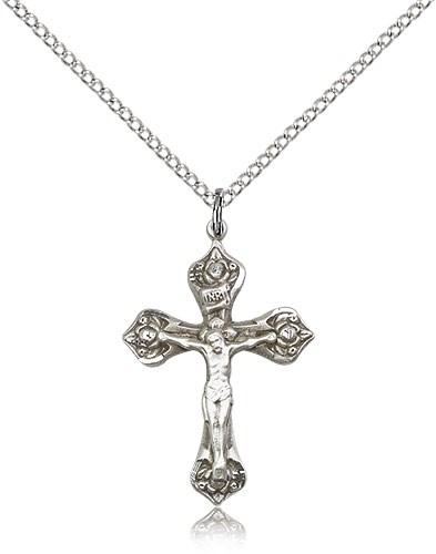 Crucifix Pendant, Sterling Silver - 18&quot; 1.2mm Sterling Silver Chain + Clasp