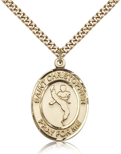 St. Christopher Martial Arts Medal, Gold Filled, Large - 24&quot; 2.4mm Gold Plated Chain + Clasp