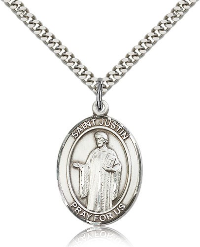 St. Justin Medal, Sterling Silver, Large - 24&quot; 2.4mm Rhodium Plate Chain + Clasp