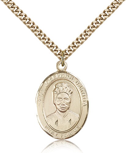 St. Josephine Bakhita Medal, Gold Filled, Large - 24&quot; 2.4mm Gold Plated Chain + Clasp