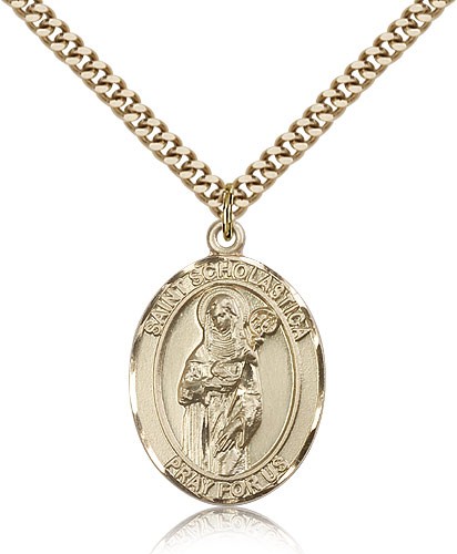 St. Scholastica Medal, Gold Filled, Large - 24&quot; 2.4mm Gold Plated Chain + Clasp