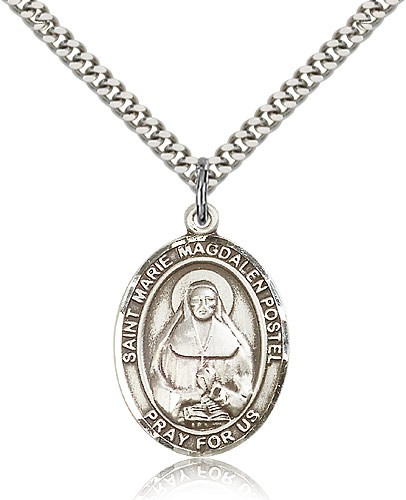 Marie Magdalen Postel Medal, Sterling Silver, Large - 24&quot; 2.4mm Rhodium Plate Chain + Clasp