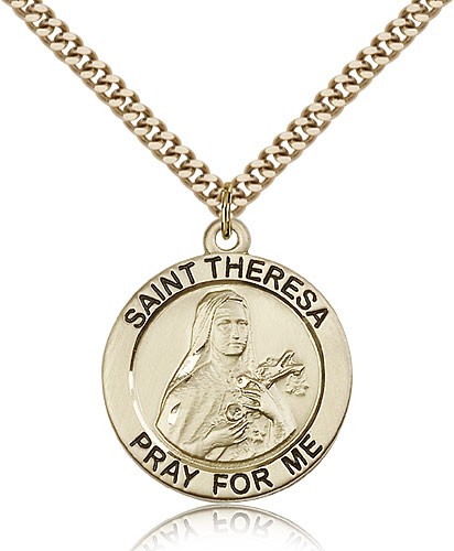 St. Theresa Medal, Gold Filled - 24&quot; 2.4mm Gold Plated Endless Chain
