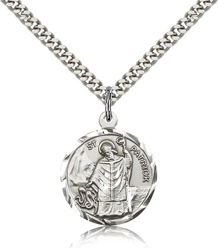 St. Patrick Medal, Sterling Silver - 24&quot; 2.4mm Rhodium Plate Endless Chain