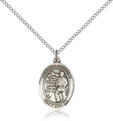 St Christopher Karate Medal, Sterling Silver, Medium - 18&quot; 1.2mm Sterling Silver Chain + Clasp